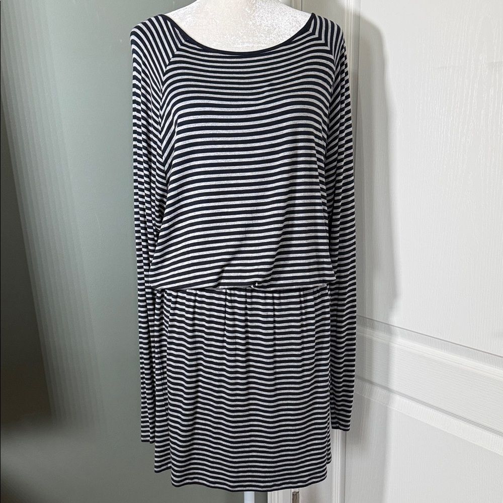 Michael Kors Striped Knit Dress Navy Gray Long Sleeve Blouson Casual Size L